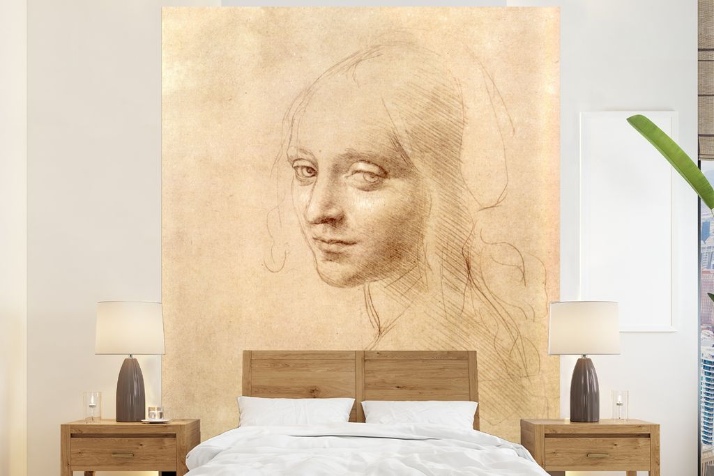 MuchoWow Fototapete für Wohnzimmer oder Schlafzimmer Wandtapete Vinyl Motivtapete Skizze - Leonardo da Vinci - 180x220 cm - Tapezierpapier