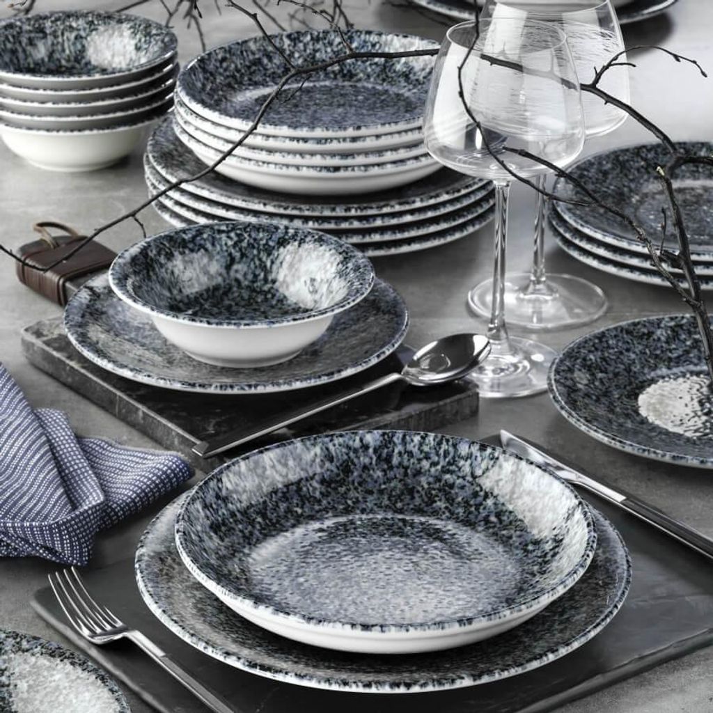 Hermia Concept, Hochwertiges 24-teiliges Dinner-Set aus 100% NANO-Porzellan, Schwarz, Blau & Weiß | 6 Servierplatten (25 cm), 6 Teller (21 cm), 6 ...