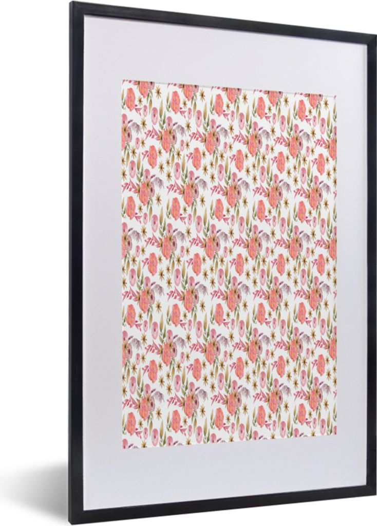 MuchoWow MuchoWow Gerahmtes Poster Blumen - Rosa - Collage - Aquarell 40x60 cm - Poster mit zchwarzem Bilderrahmen - Poster in Rahmen
