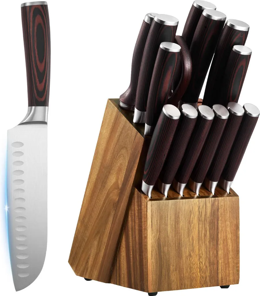 SucceBuy Set di coltelli da cucina da 15 pezzi con ceppo in legno e acciaino per affilare, coltelli affilati in acciaio inox di alta qualità con manici ergonomici, ideali per l'uso nella cucina di casa