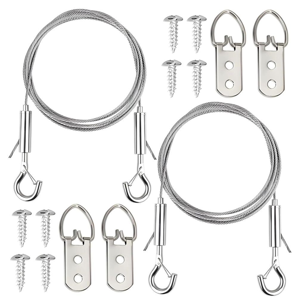 2 Stück Edelstahl Drahtseil Aufhängung, 1M × 1,5mm mit Haken und Schrauben bis 50KG, geeignet für Gardinen, Bilder und Lampen