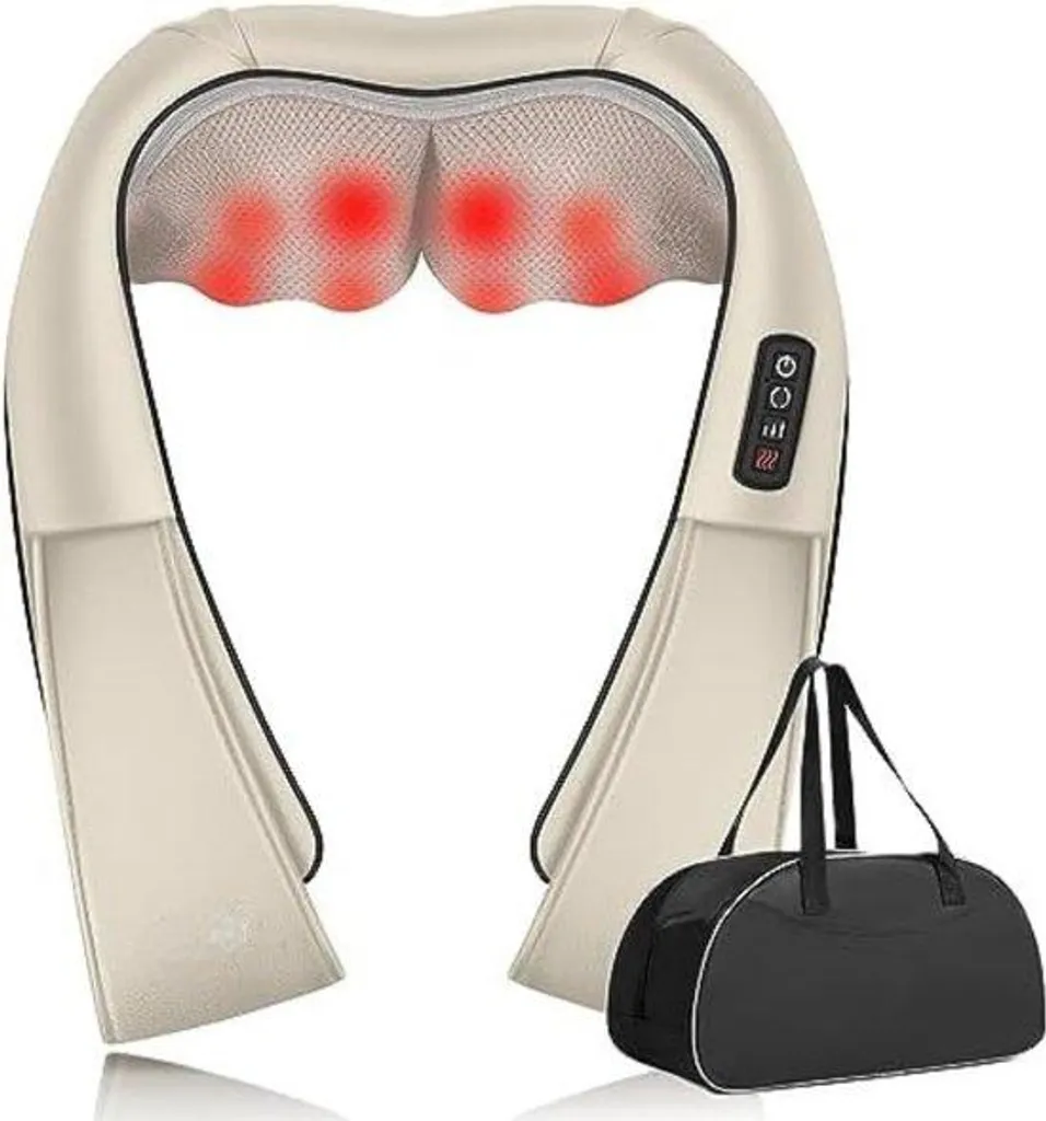 Coussin massant rechargeable beige 40x18 cm à intensité réglable dos/cou