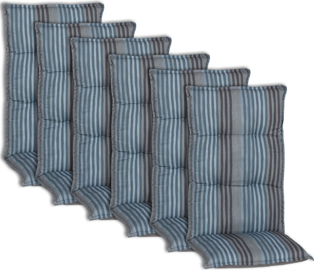 NYVI Hochlehner Auflagen Piemont 6er Set - 118x46x8 cm Blaue Streifen - Extra Starker 8cm Sitzpolster - Gartenmöbel Auflagen mit Halteband & Binde...