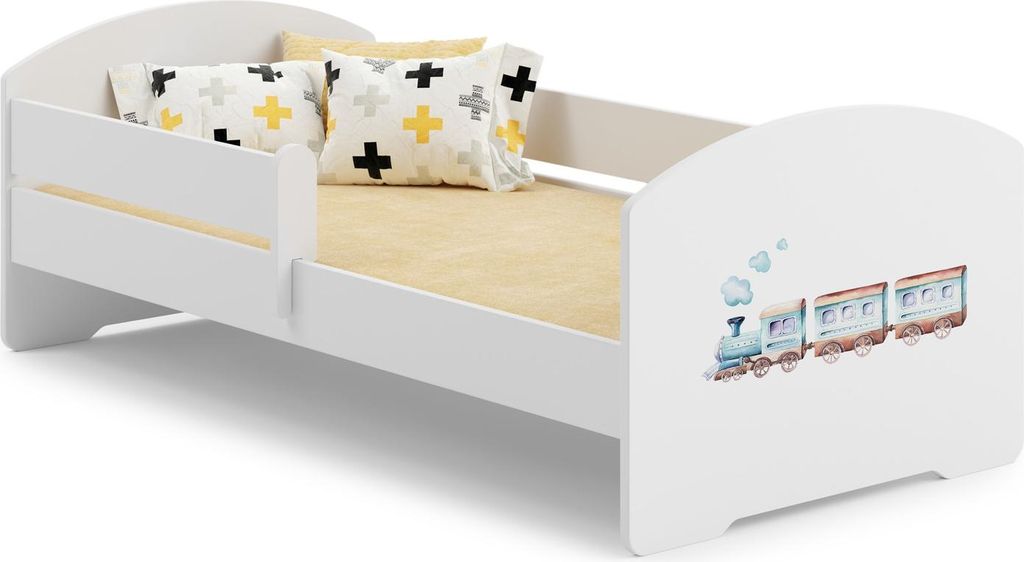 Kinderbett LUK mit Schutzbarriere und Schublade – 140x70 cm, Weiß, Zug-Motiv, inklusive Matratze und Montageanleitung – Sicher und Ökologisch