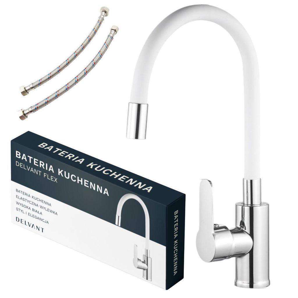 A kitchen faucet and its packaging are displayed against a white background.