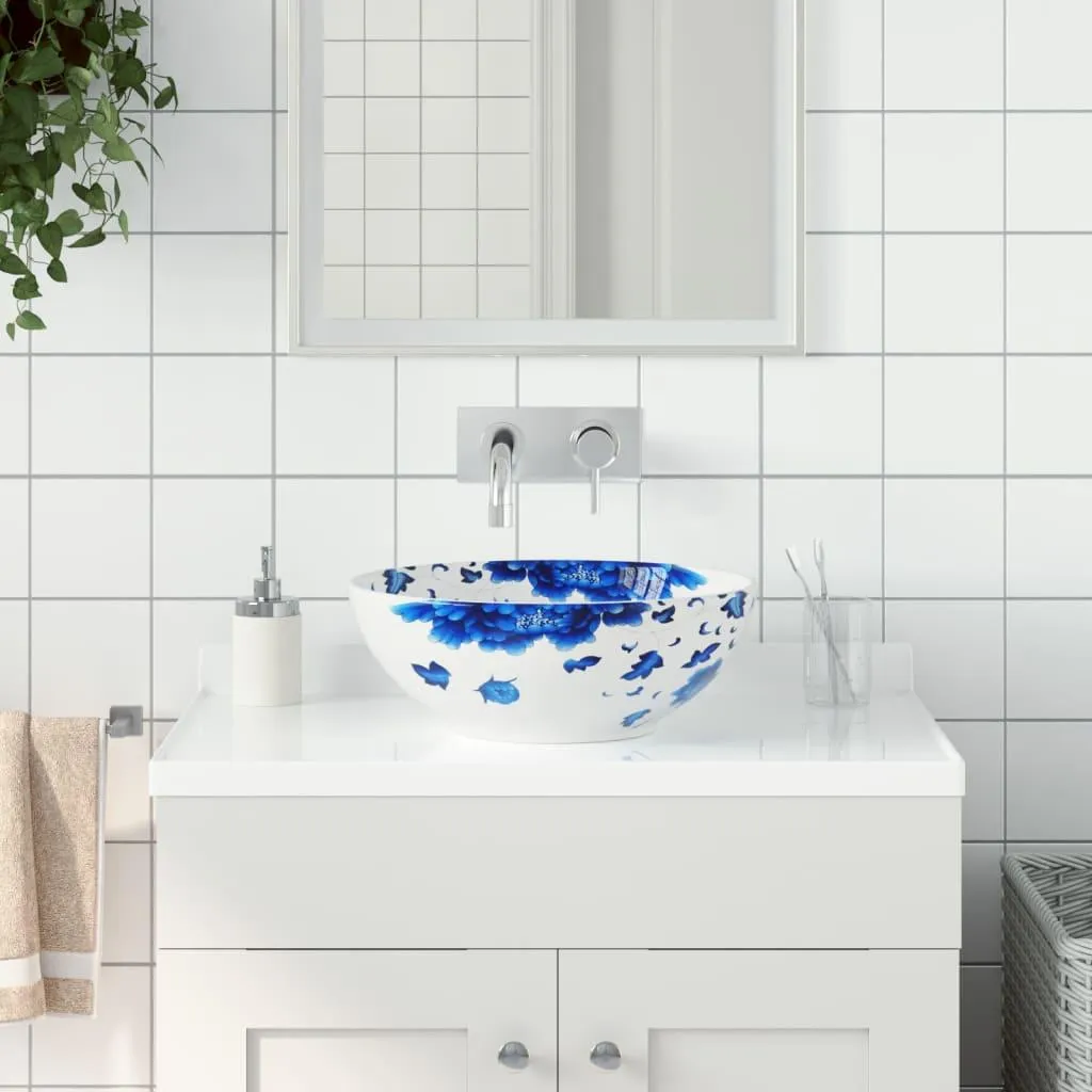 Lavandino Bagno Appoggio Bianco e Blu 41cm Ceramica | Arredo Moderno - 2