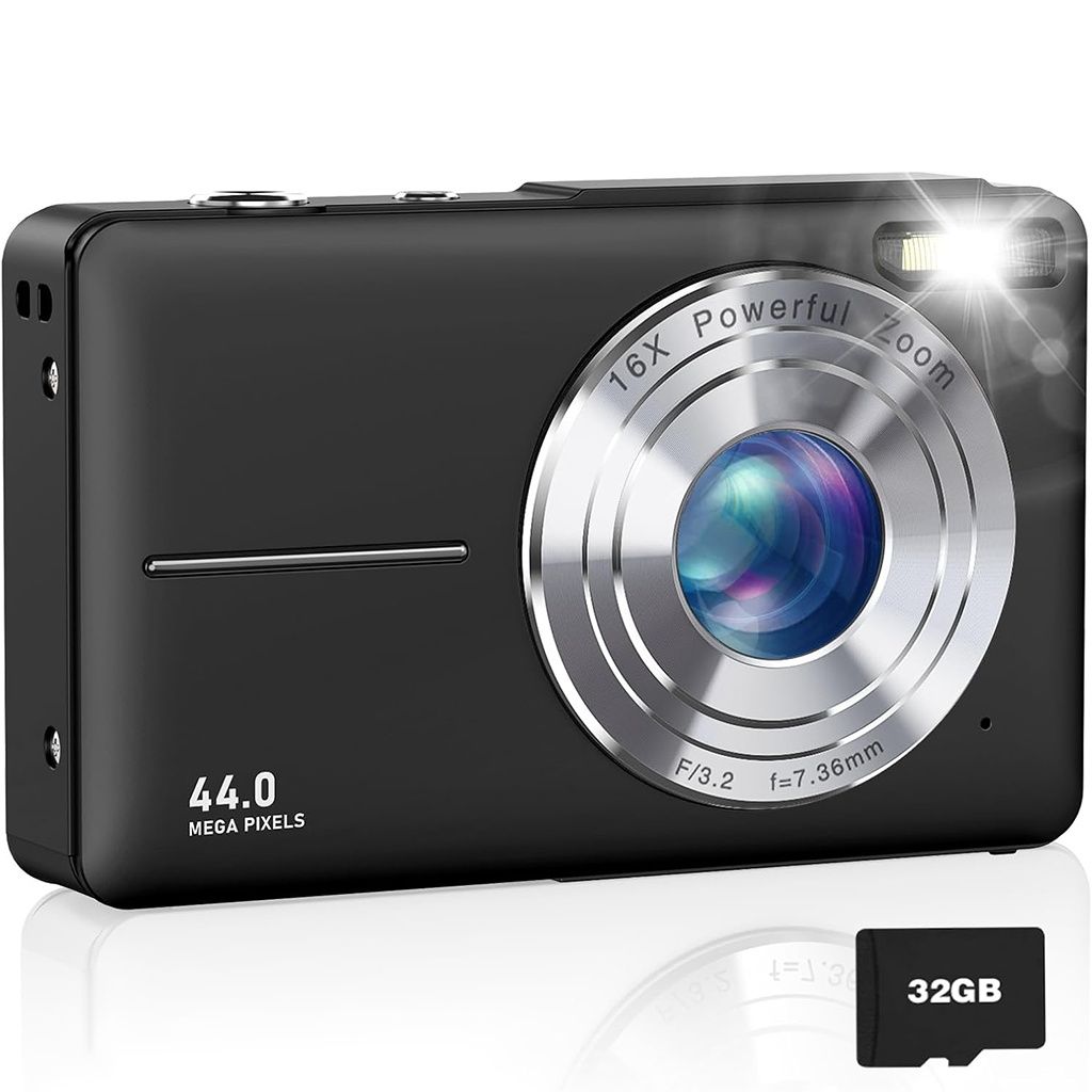 A black digital camera is shown on a white background, with a 32GB memory card next to it.