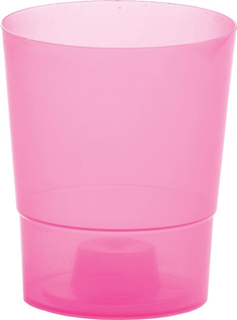 A pink transparent orchid pot is shown against a white background.