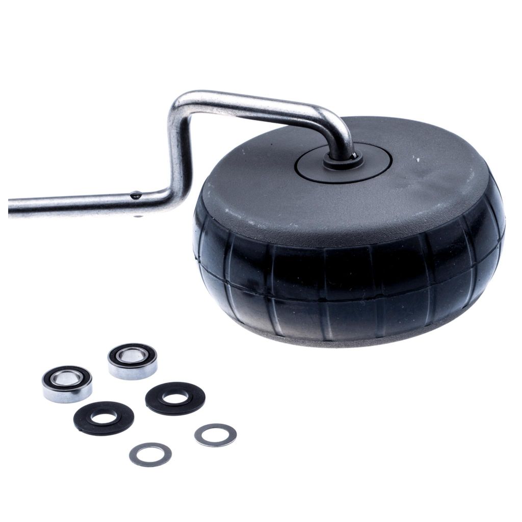 A close-up studio shot of a wheel assembly and associated parts against a white background.