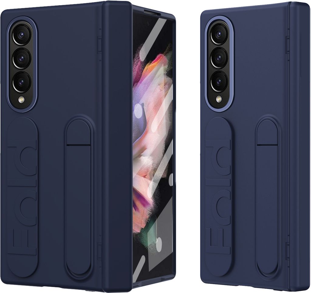 Hülle für Samsung Galaxy Z Fold 3 Armbandtasche mit Scharnierschutz, Eingebautem Displayschutz, Griff, Ständer Handyhülle Blau