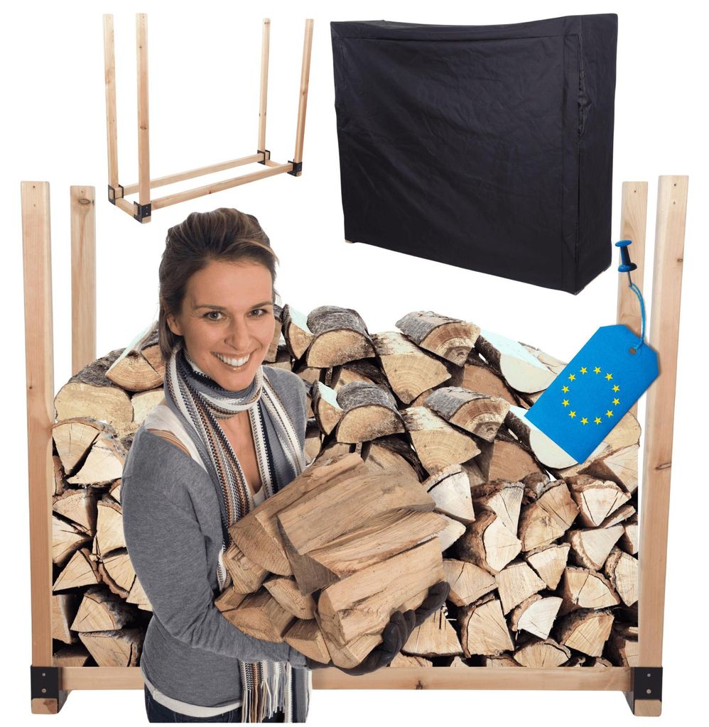 MODO24 Kaminholzregal, Holzunterstand, mit Abdeckung, Schutzplane, Brennholzregal, Holzlager, Garten, Wetterfest, Massivholz, 120x146x40 cm, DRE