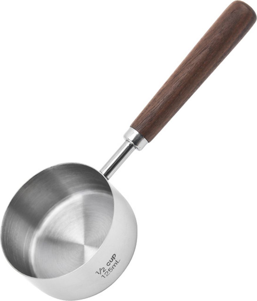 Messbecher aus Edelstahl mit Holzgriff, Messlöffel für Kaffeebohnen, abgestuft, zum Kochen, Backen, Hundefutter und Katzenfutter