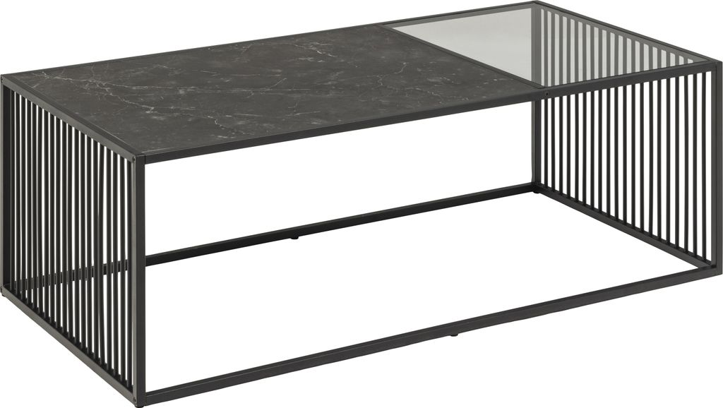 Couchtisch >Strington< in schwarz, Glas, MDF, Stahl - 120x40x60cm (BxHxT)