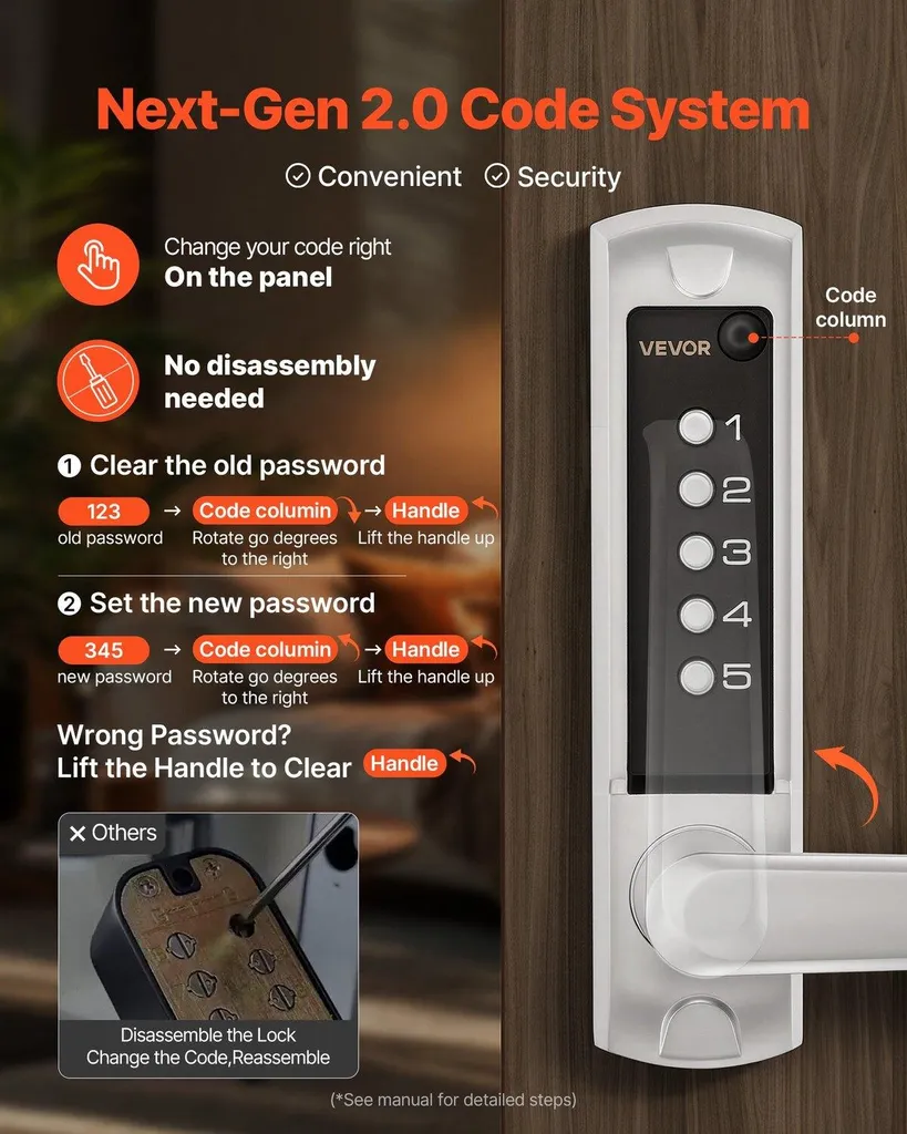 Serrure de porte mécanique sans clé argentée avec code 2.0 à 5 chiffres - 4