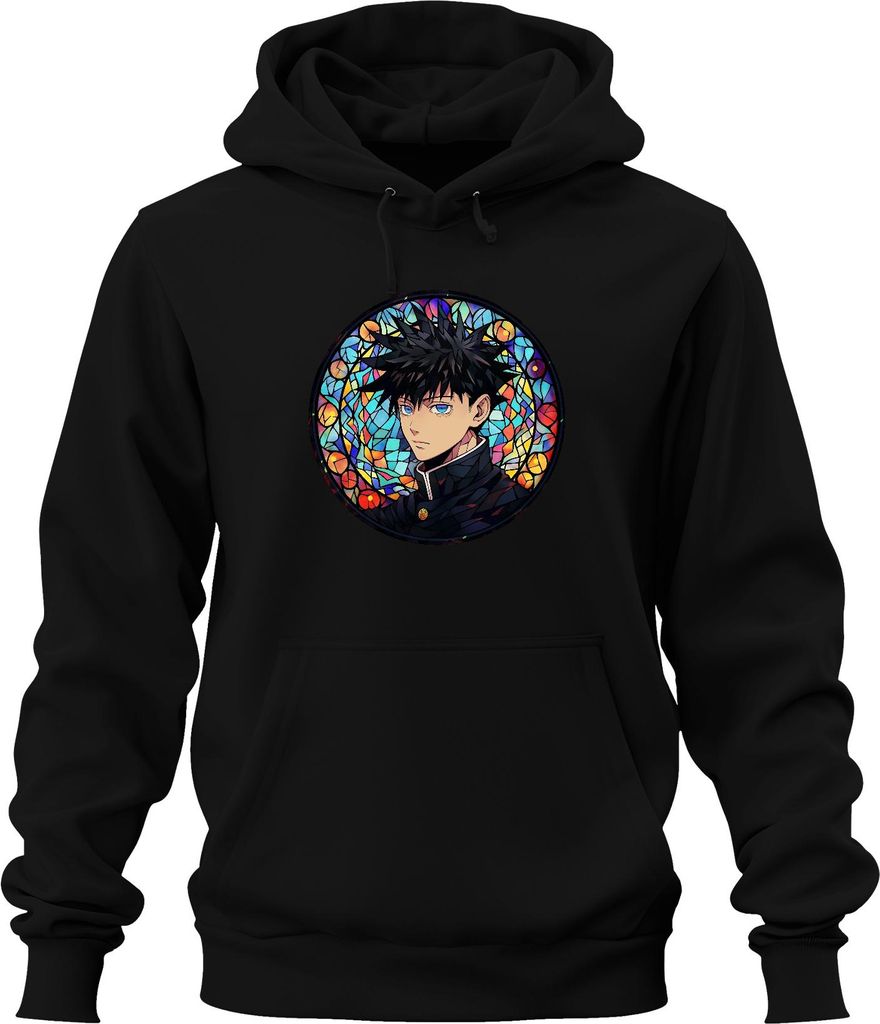 Anime Junge Blaue Augen Schwarze Haare Buntglas Fenster Mystisch Uni Hoodie Kapuzenpullover, Schwarz, S