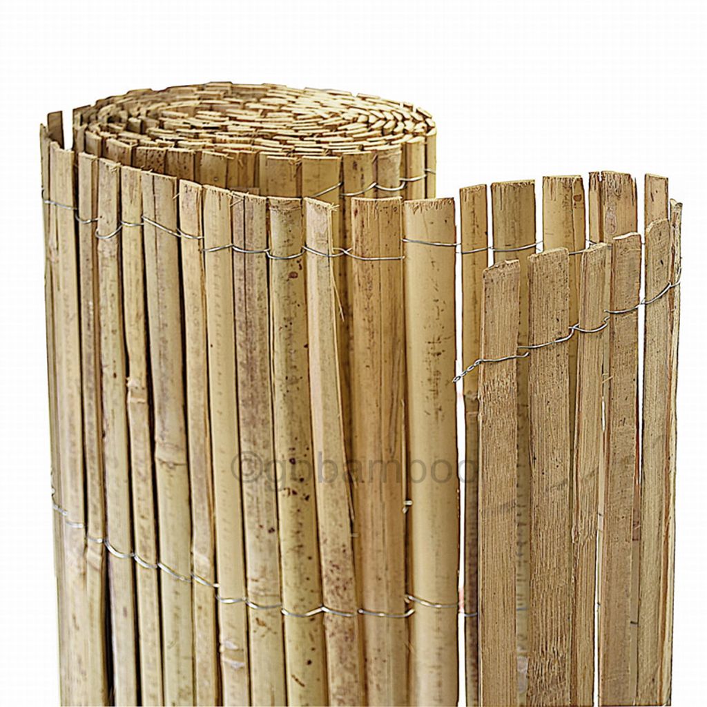 A rolled-up bamboo fence mat is shown against a white background.