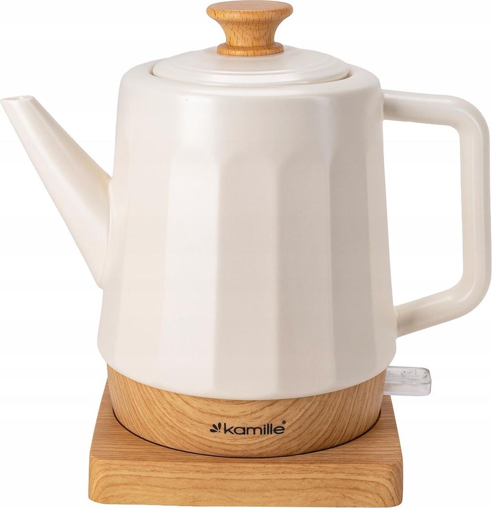 A white ceramic electric kettle with a wooden lid and base, shown on a wooden base.