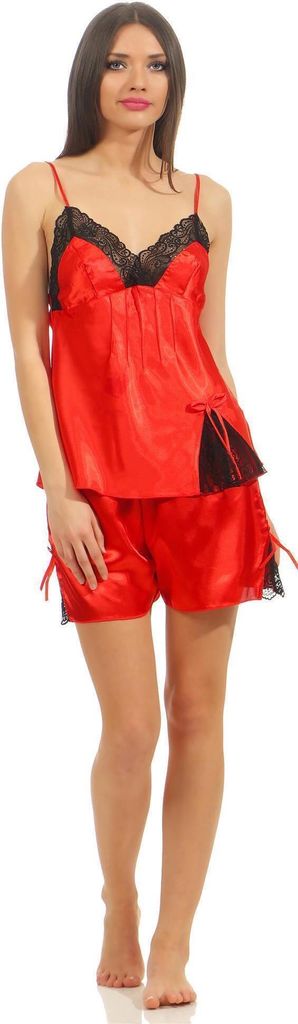 Damen Nachtwäsche Pyjama Set Kurz aus Satin & Spitze; Rot S