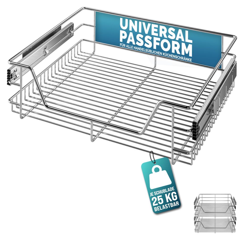 A chrome wire basket drawer pull-out for a kitchen cabinet.
