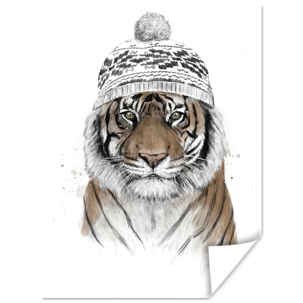 MuchoWow Poster Tiger - Mütze - Winter - Weiß 30x40 cm - Wandplakat - Poster Kinderzimmer