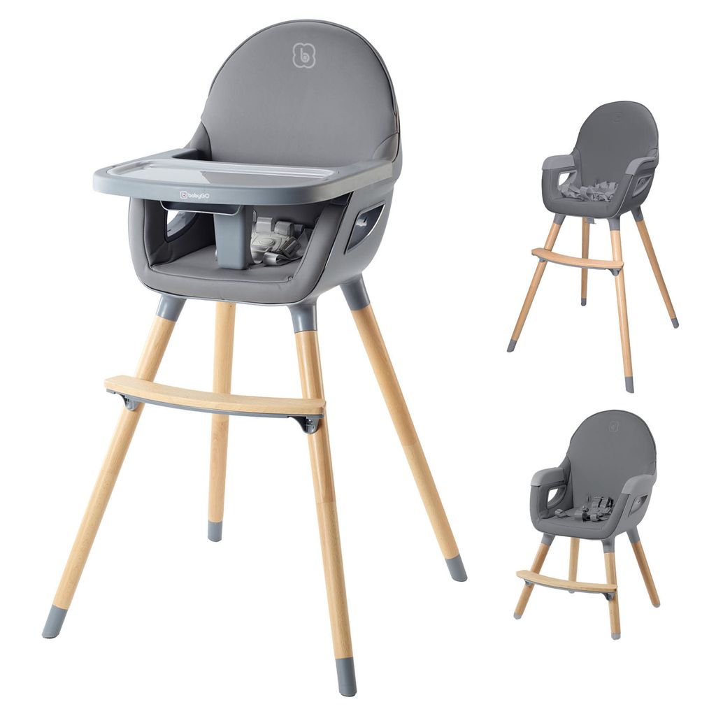 A collage showing a baby high chair from different angles and configurations.