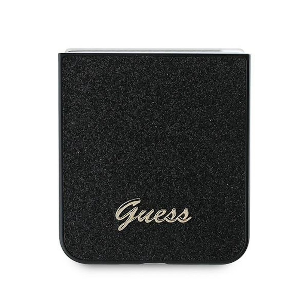 A black glittery phone case with the Guess logo.