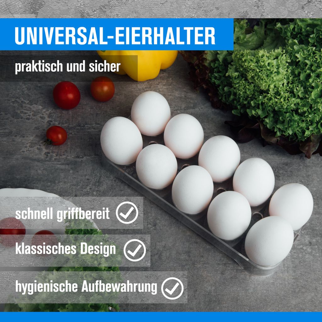 Universal-Eierhalter 46128 für Kühlschrank, Kühl-/Gefrierkombination, Einbaukühlschrank, für bis zu 10 Eier, standfest, Maße: 23,5x9,5x2,5cm ...