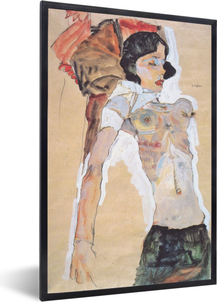 MuchoWow Gerahmtes Poster Liegendes halbbekleidetes Mädchen - Gemälde von Egon Schiele 40x60 cm - Poster mit Schwarzem Bilderrahmen Wandposter ...