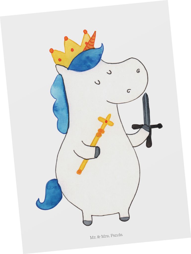 Mr. & Mrs. Panda Postkarte Einhorn König mit Schwert - Weiß - Geschenk, Mittelalter, Grußkarte, Ritter, bildkarte, Unicorn, Postkarten, Einhörn...