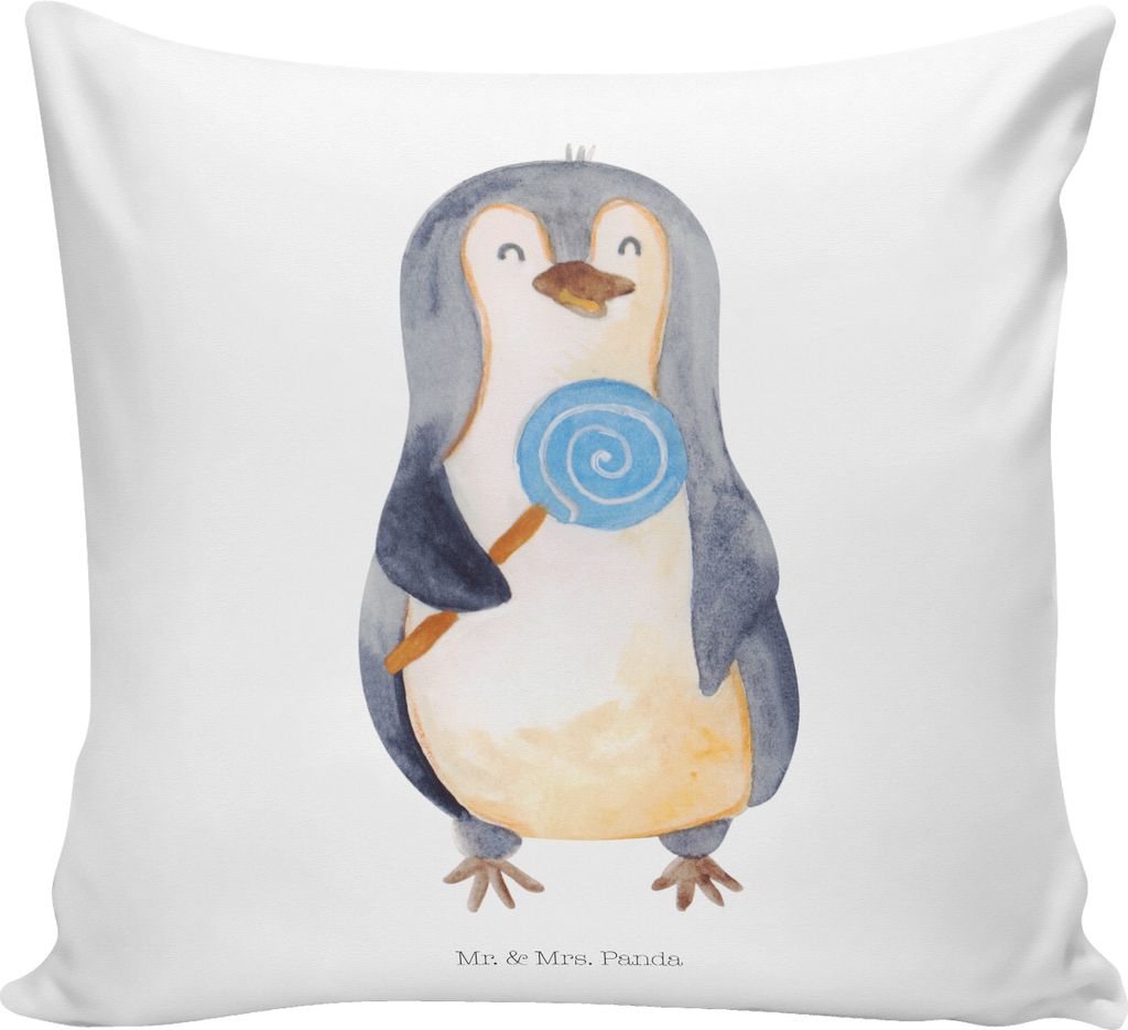 Mr. & Mrs. Panda Sofa Kissen Pinguin Lolli - Weiß - Geschenk, Heißhunger, Süßigkeiten, Naschen, Kuschel, Blödsinn, 40x40, Dekokissen, Sofakiss...
