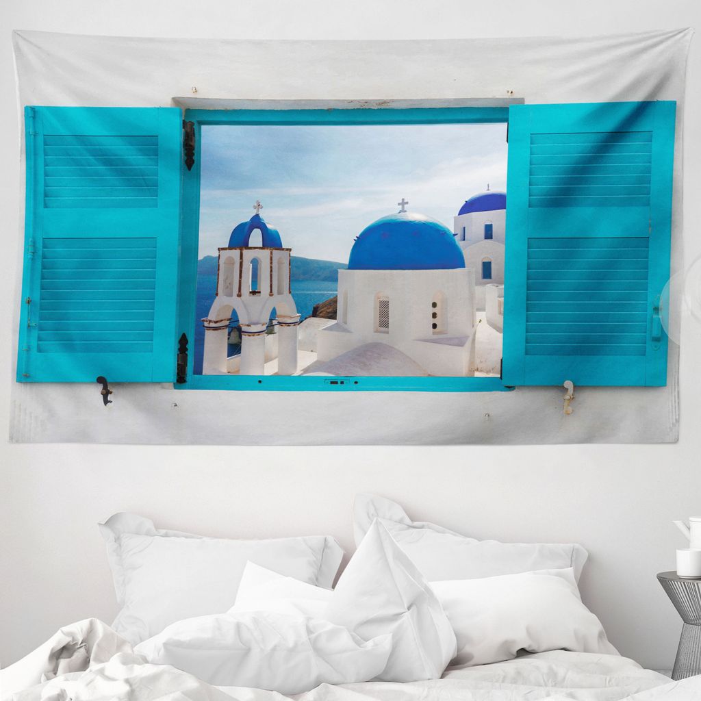 ABAKUHAUS Landschaft Wandteppich, Griechenland Oia Gebäude aus Weiches Mikrofaser Stoff Waschbar ohne Verblassen Digitaldruck, 230 x 140 cm, Weiß...