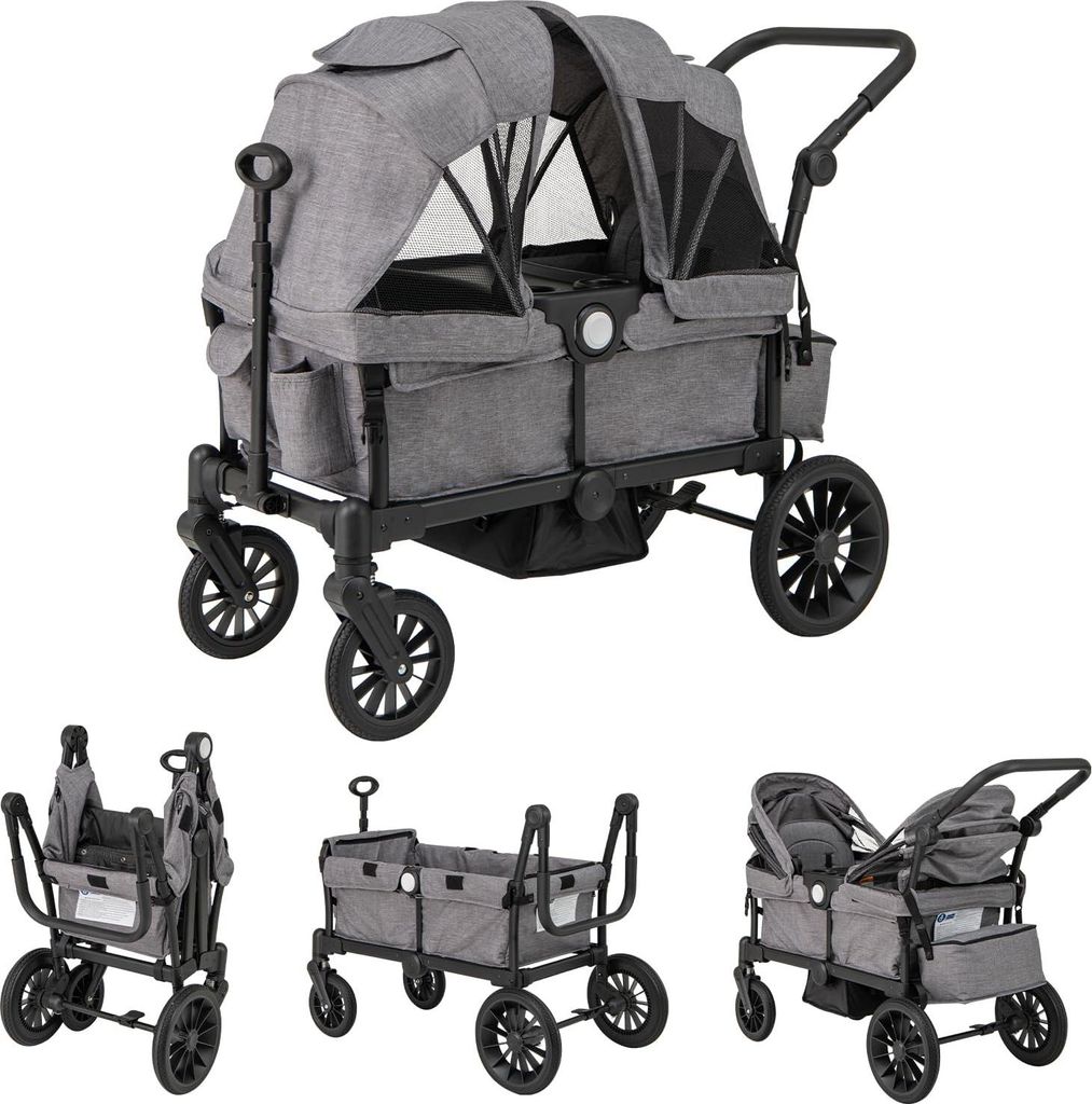 GOPLUS Kinderwagen-Buggy für Zwillinge, Zwillingsbuggy mit Sonnendach, verstellbarem Griff & Sicherheitsgurt, faltbarer Zwillingswagen ab 6 Monaten