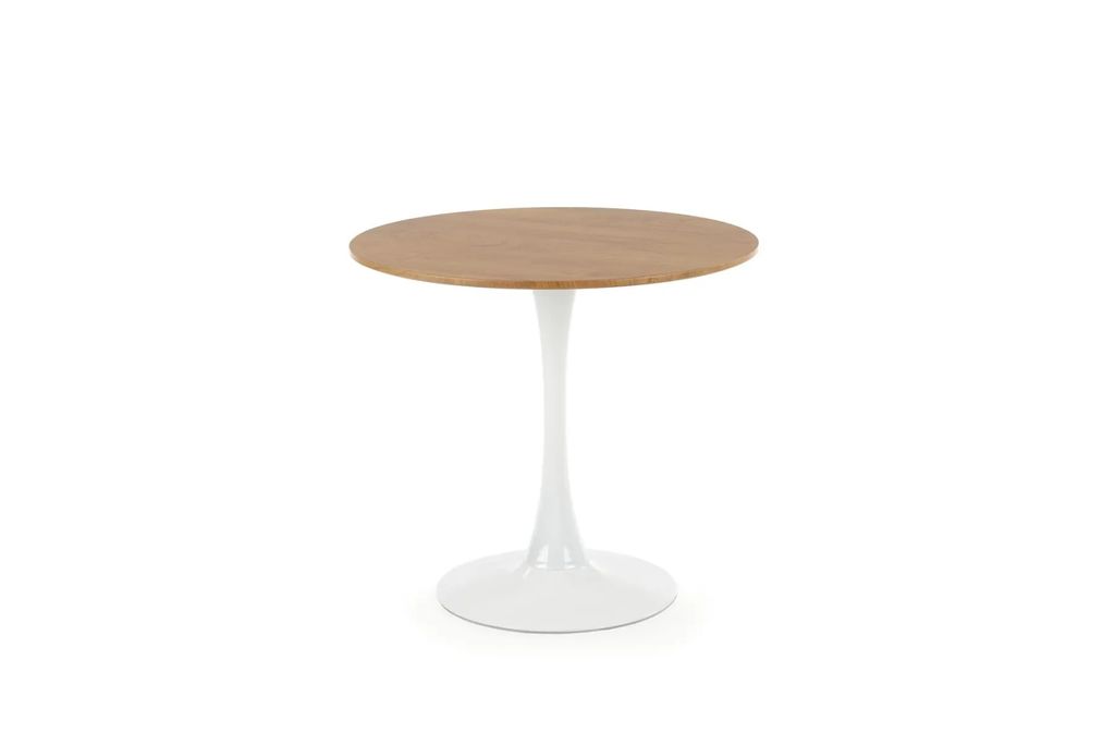 A small round table with a wooden top and a white pedestal base.