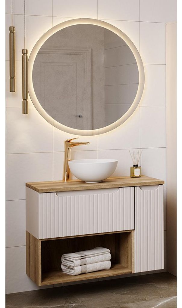 Badmöbel-Set 2-teilig mit 80 cm Waschtisch & LED-Spiegel in kaschmir & Eiche, gerillte Front, geringe Tiefe - NEWPORT-56-CASHMERE