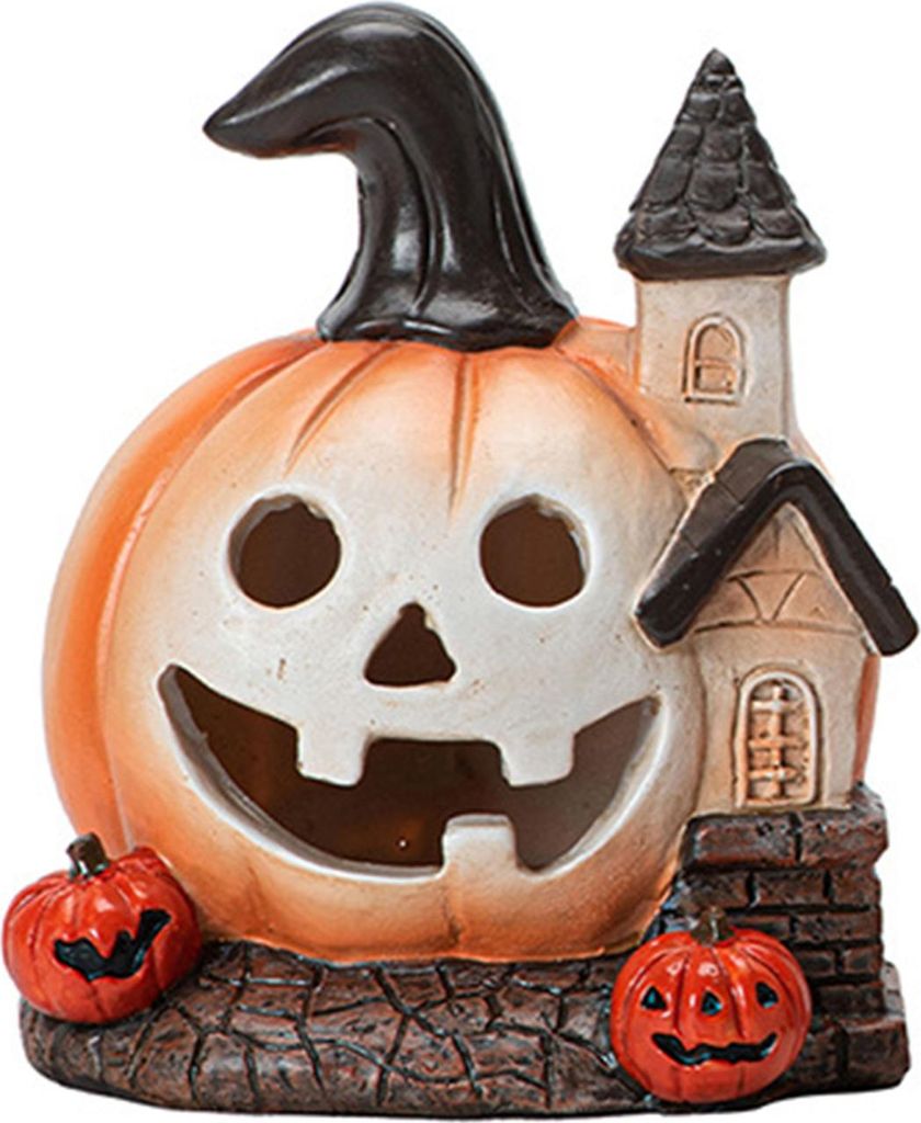 Halloween-Kürbis-Figur, gruselige Mini-Kürbis-Burg-Statue, Harz-Tischdekoration für Halloween, Veranda, Kaminsims, Tischdekoration