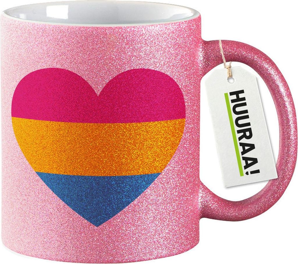 Huuraa Glitzertasse Pansexuell Pride Flagge LGBTQ Herz 330ml Pink Keramik Kaffeebecher Geschenkidee