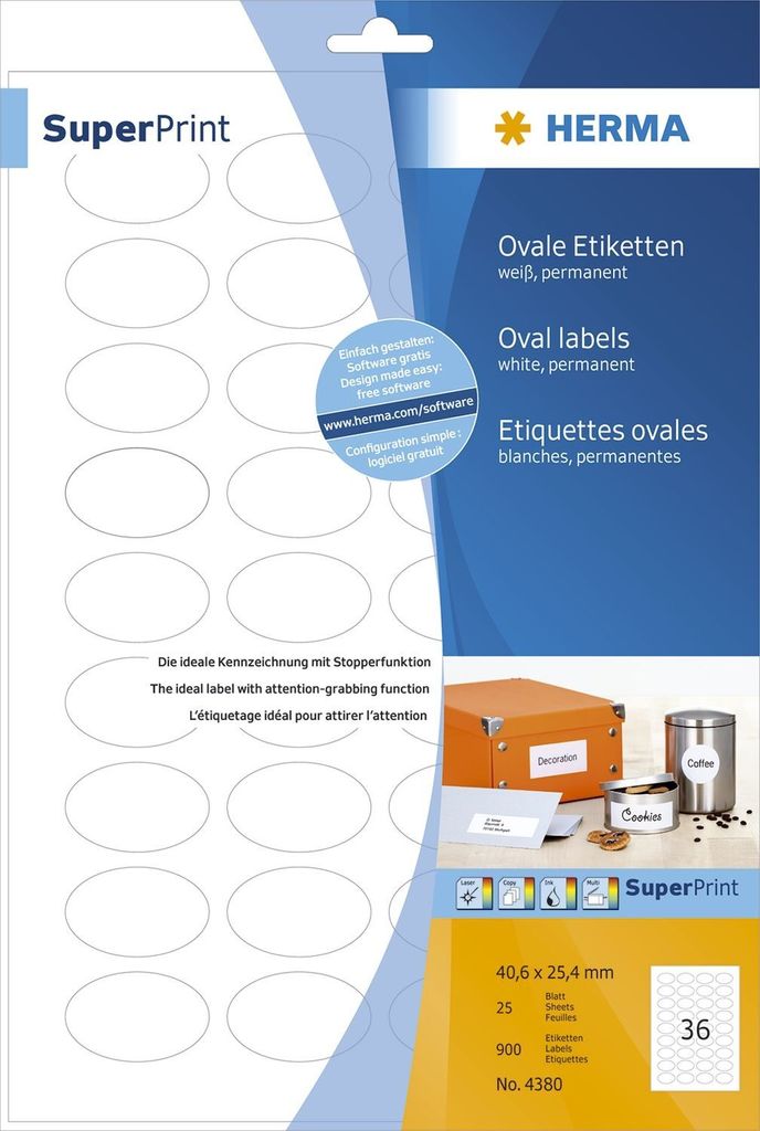 HERMA 4380, Bílá, Samolepicí štítek, A4, Papír, Obrázek produktu 