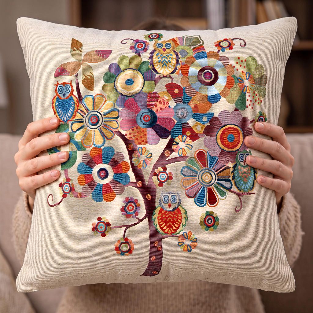 Designer Kissenhülle Eulen-Baum 45x45 cm, Jacquard Produktbild 