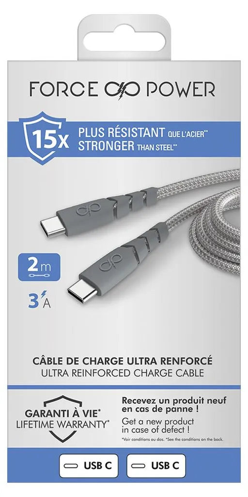 Câble USB-C vers USB-C robuste de 2m Force Power 3A ultra-renforcé gris
