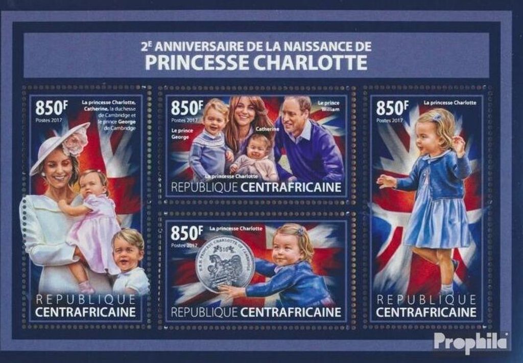 Briefmarken Zentralafrikanische Republik 2017 Mi 7245-7248 Kleinbogen (kompl. Ausgabe) postfrisch Prinzessin Charlotte