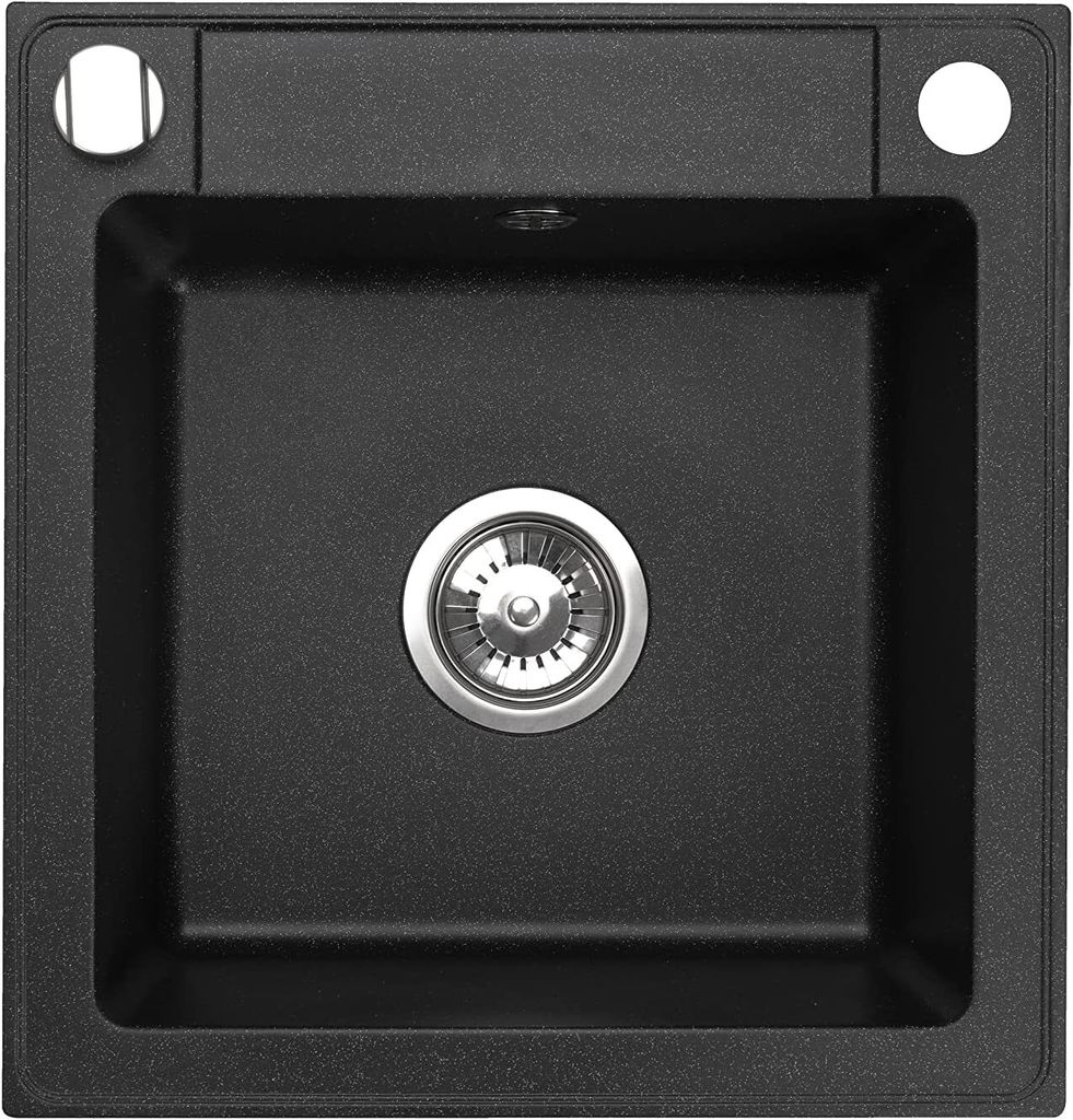 Manestein Spülbecken, Schwarz Küchenspüle 44x46 cm aus Granit, Einbauspüle, Einzelbecken mit Siphon, Fleckenbeständig und Pflegeleicht, 1 Becken