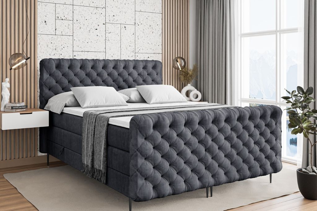 ALTDECOR Boxspringbett mit Schwarz Füßen, Matratze und Lattenrost, Topper, Fußteil, Polsterbett mit Bettkasten, Bett mit Stauraum H3- und H4- Ma...