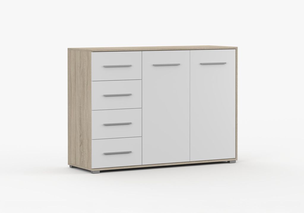 Kommode LOUI X 01 135x96x45 cm 2D4S Sideboard mit 4 Schubladen und 2 Türen Sonoma Eiche Weiß Matt