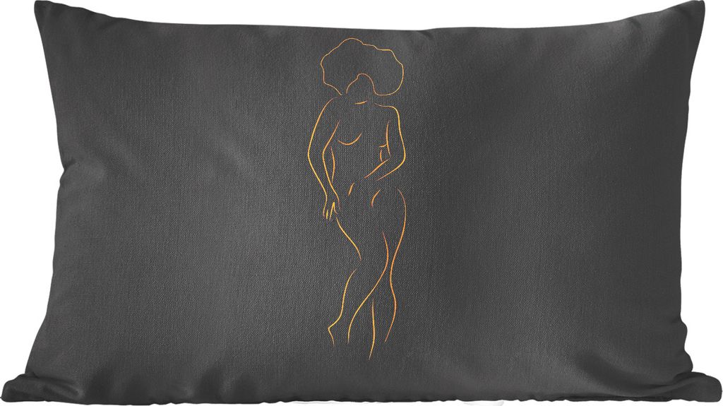 MuchoWow Zierkissen Sofakissen Wohnzimmer Dekokissen 50x30 cm Frau - Schwarz - Gold - Strichzeichnung - Wohnzimmerdekoration - Polster mit Photo