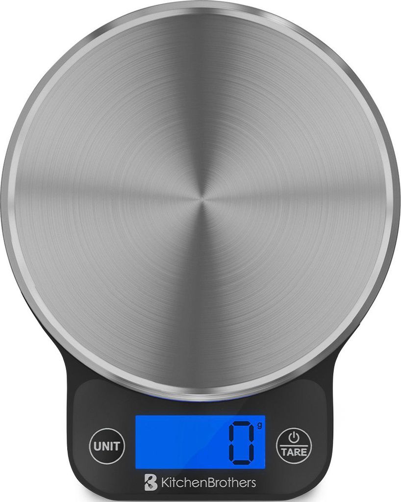 KitchenBrothers Küchenwaage - Digitale Küchenwaage - 1 g bis 6 kg - Tara-Funktion - Edelstahl/Schwarz