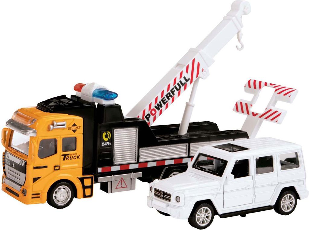 Toi-Toys METAL Abschleppwagen mit Luftpumpe, Hebebühne und Auto – Spielzeug Abschleppset