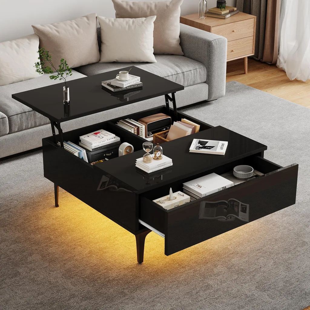Tavolino Gaming Merax 70x70 LED RGB App | Piano Alzabile Nero Lucido
