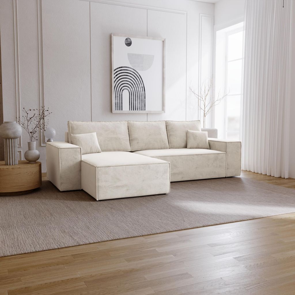Ecksofa mit Schlaffunktion Bergamo L - Sofa 275 cm mit Bettkasten - Links, Ecksofa L-Form, Schlafsofa Vanille (Amor Velvet 4323)