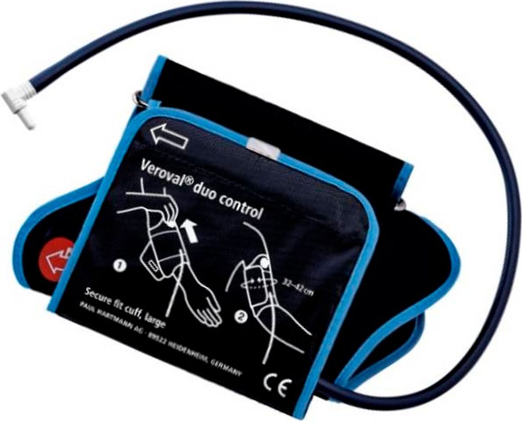 A close-up view of a blood pressure cuff with instructional diagrams.
