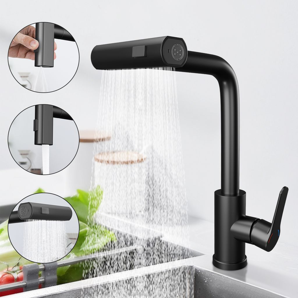 ZMH Wasserhahn Küche Küchenarmatur Schwarz Waterfall Spültischarmatur Ausziehbar mit Brause Mischbatterie Spüle 360° Drehbar Armatur Edelstahl...